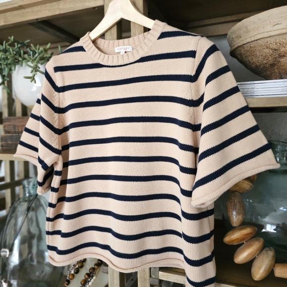 Demylee New York Sweaters - Anthropologie DEMYLEE Ezra Cotton NavyTan Nautical Striped Short Sleeve  Sweater